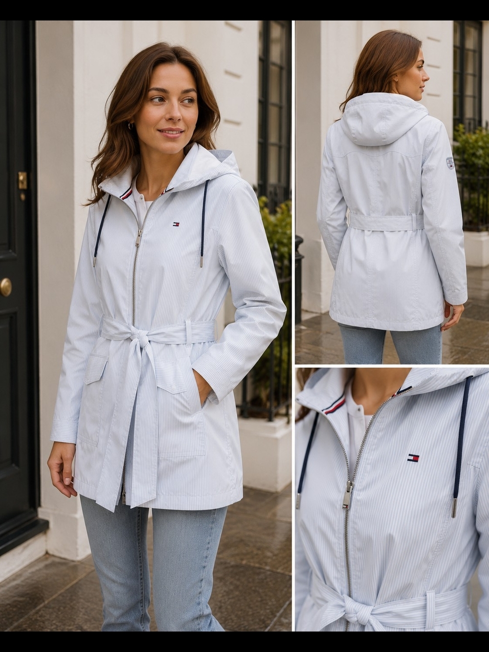 Like New - PTP 21 Tommy Hilfiger Light Blue Striped Hooded Rain Jacket